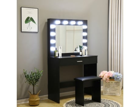 Móvel maquilhagem preto com lâmpadas LED espelho banco Gaia Black