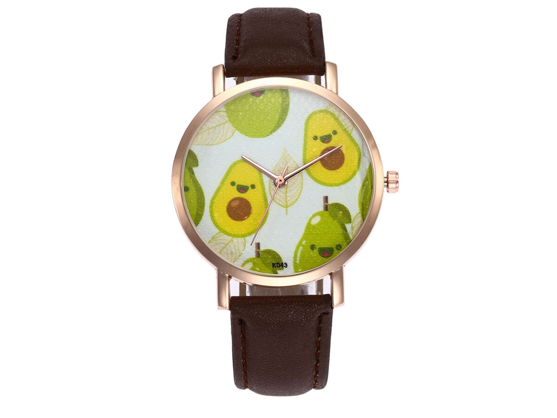 Relógio de quartzo com pulseira de couro PU para casais, mostrador com estampa de frutas, cor café.