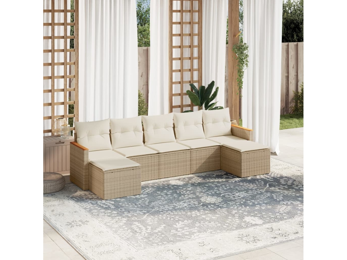Vidaxl 7 Pcs Conjunto De Sofás P/ Jardim Com Almofadões Vime Pe Bege
