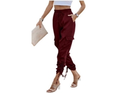 Calça jogger feminina Rebe de cintura alta, casual, em cetim, com bolsos, comprimento para relaxar, tamanho médio, cor vermelho vinho.