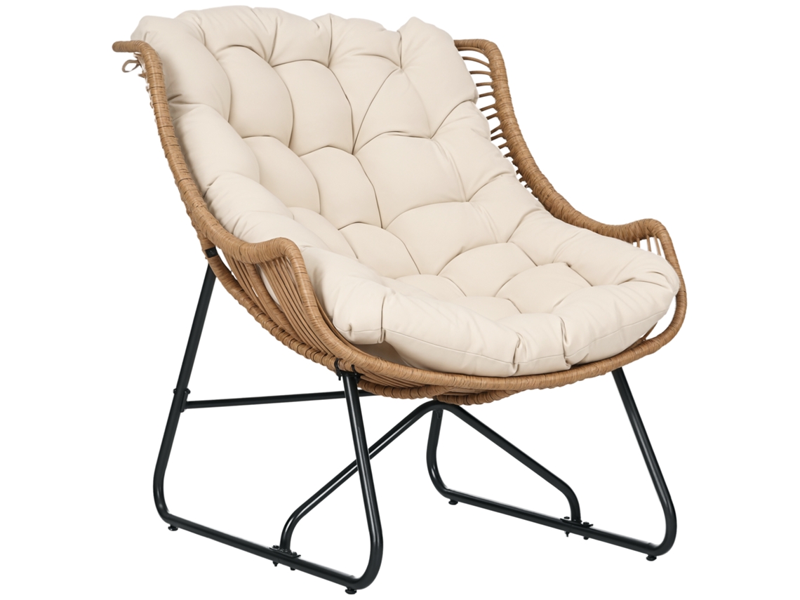 Poltrona de jardim estilo rattan, com almofada, estrutura de metal, 75x101x90cm, natural/caqui/preto BTFORUS