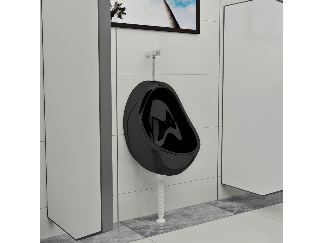 Vidaxl Urinol De Parede Com Válvula De Descarga Cerâmica Preto