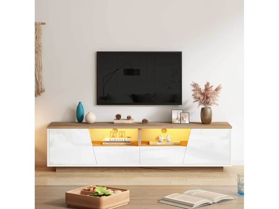 Móvel TV Moderno 170x40x45,5 cm, 4 Portas Texturizadas, Puxadores e Pés Dourados, para Tvs Grandes, Cinza Preto KOMHTOM