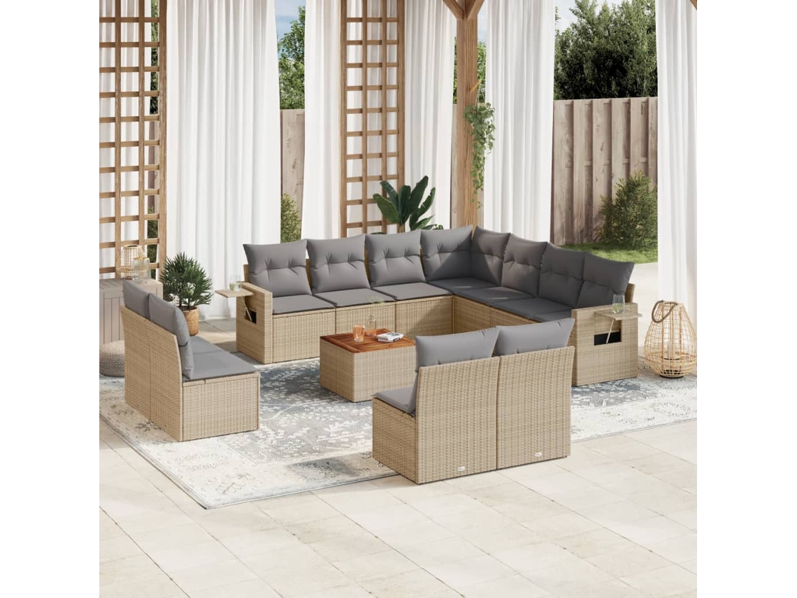 Conjunto 12 Peças Sofás Jardim C/ Almofadões Vime Pe Bege Misturado Dkd Home Decor