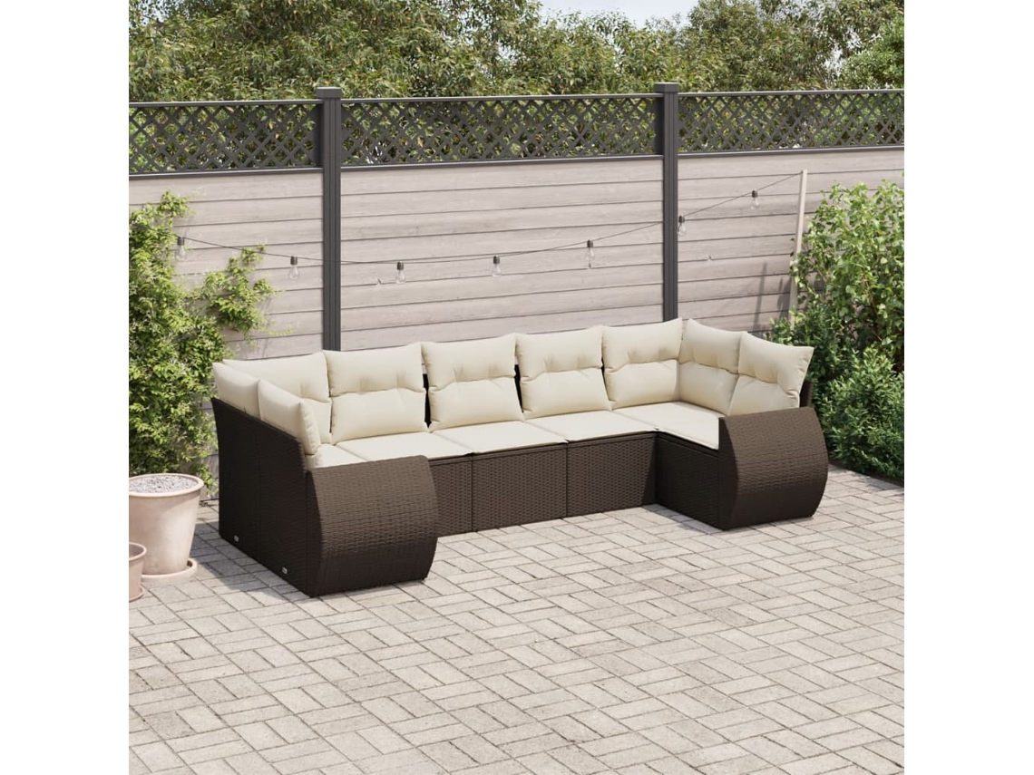 Vidaxl 7 Pcs Conjunto De Sofás Jardim C/ Almofadões Vime Pe Castanho