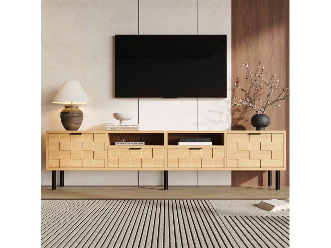 Móvel Para Tv Natural Em Mdf, 200 X 35 X 44,5 Cm, 2 Gavetas, 2 Portas, Relevo 3d, Até 80 Polegadas