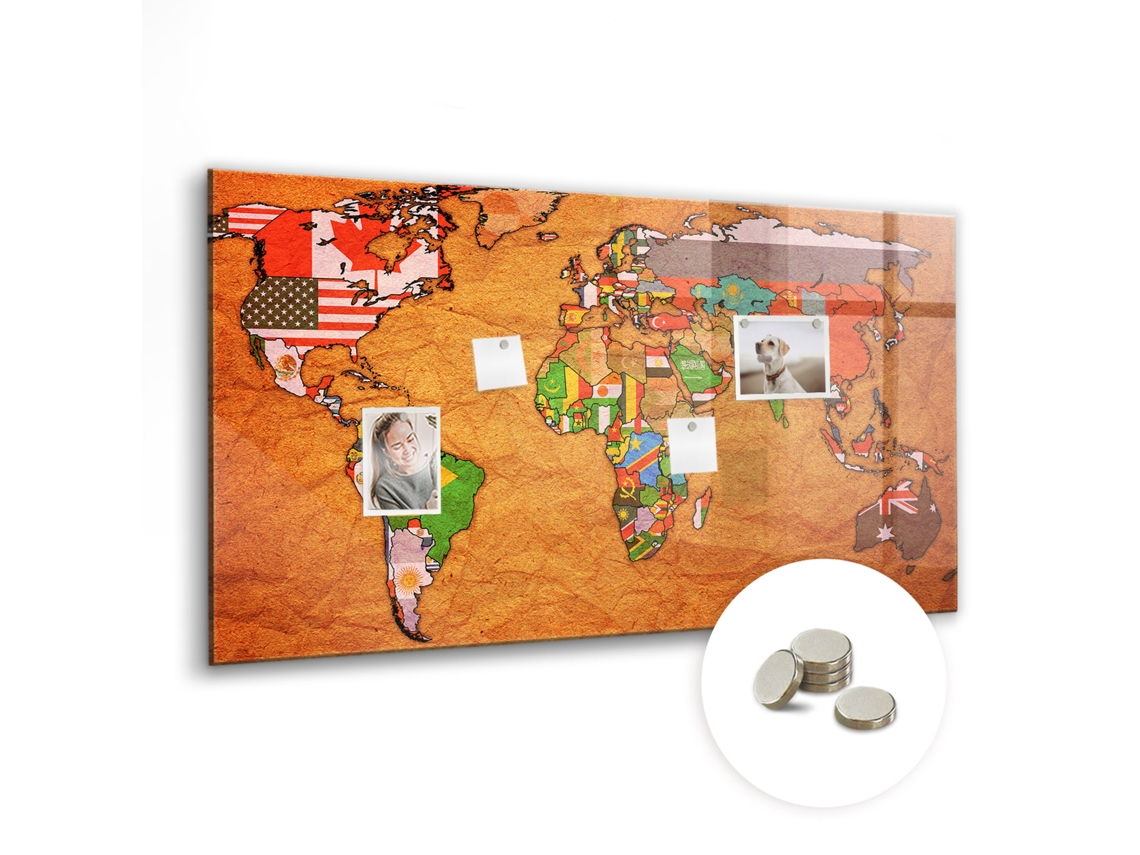 Quadro Magnético De Parede Mapa Mundi Com Bandeiras Para O Escritório Espelharte (120x60 Cm)