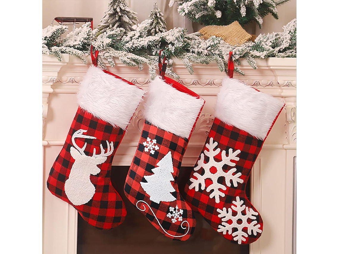 Conjunto de Meias de Natal de 3 Meias de Natal Xadrez de Búfalo Vermelho e Preto de 19 Grandes com Acabamento de Pelúcia Decorações de Meia Persona