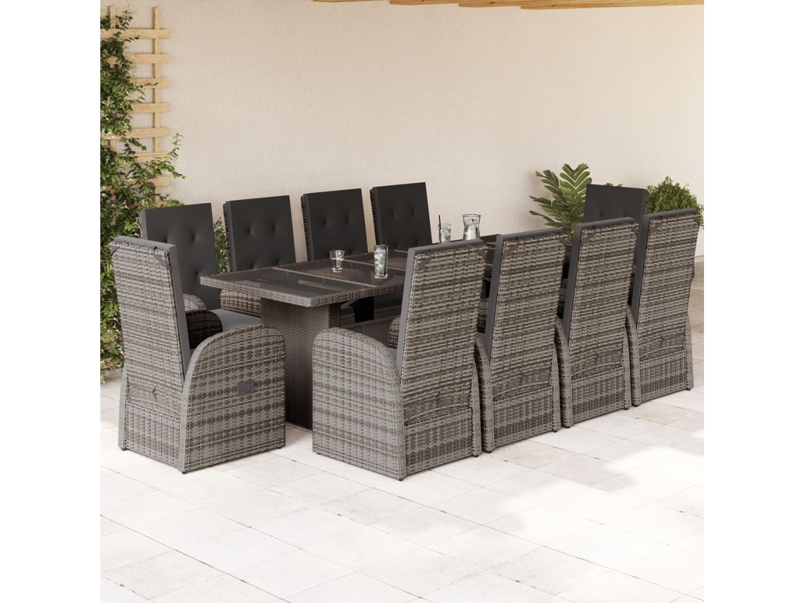 Conjunto 11 Peças Jantar P/ Jardim C/ Almofadões Vime Pe Cinza Dkd Home Decor