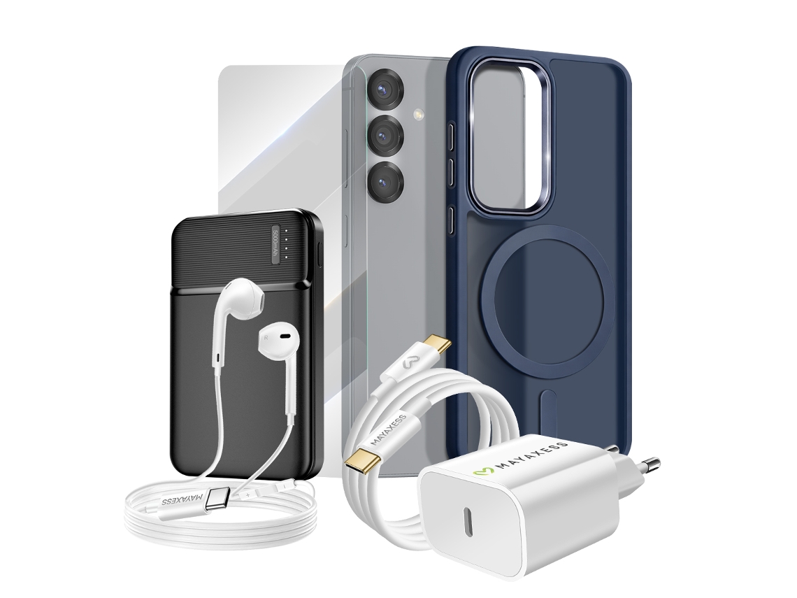 Mayaxess Pacote Completo Para Galaxy S25 Capa, Vidro, Carregador, Bateria Externa, Fones De Ouvido (6 Peças) Azul Noite