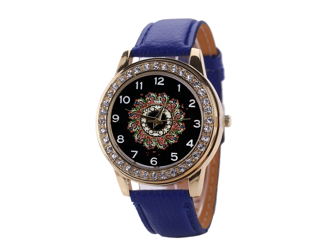 Relógio de Pulso Feminino de Moda com Pulseira de Couro Pu e Strass em Dial Redondo Grande