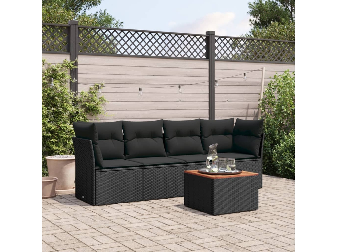 Vidaxl 5 Pcs Conjunto Sofás De Jardim Com Almofadões Vime Pe Preto