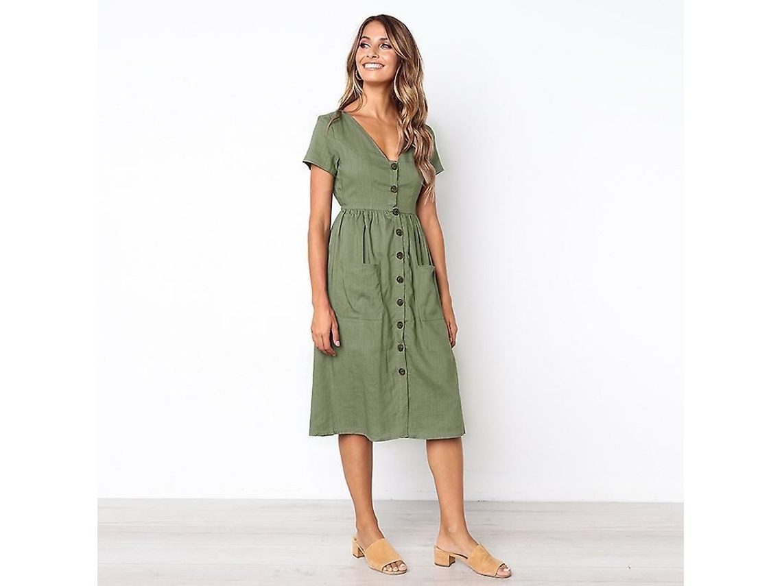 VESTIDO Casual Midi Fasst para Mulher, Manga Curta, Gola V, Botões, Bolsos | S/MARCA