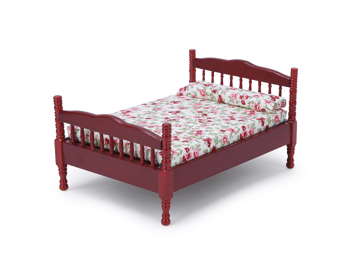 Mali cama Miniatura para Casa de Bonecas 1:12 Madeira Branco Marrom Pequenas Flores Decorativa