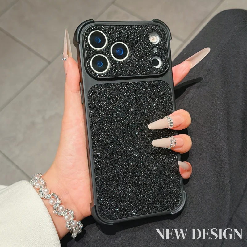Capa Para Iphone 14 Pro Max Preta Com Diamantes Brilhantes E Lente À Prova De Choque.