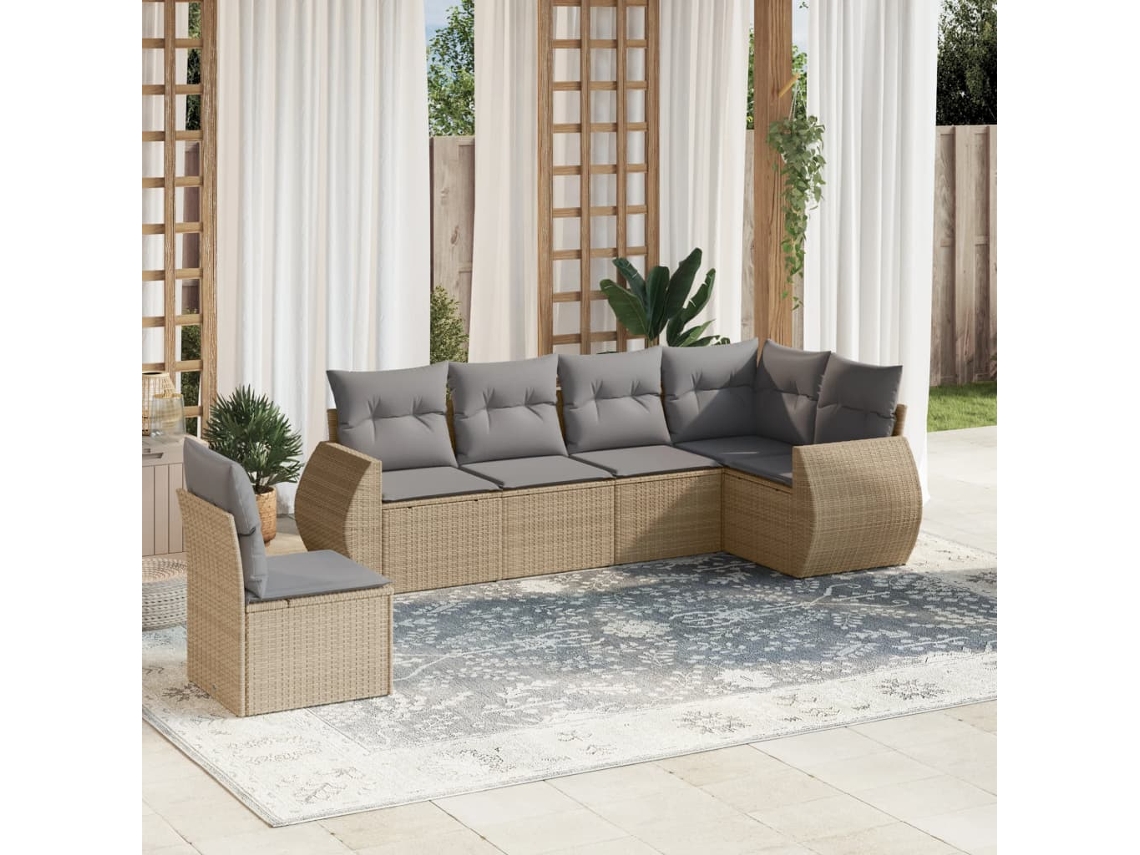 Vidaxl 6 Pcs Conjunto De Sofás P/ Jardim Com Almofadões Vime Pe Bege