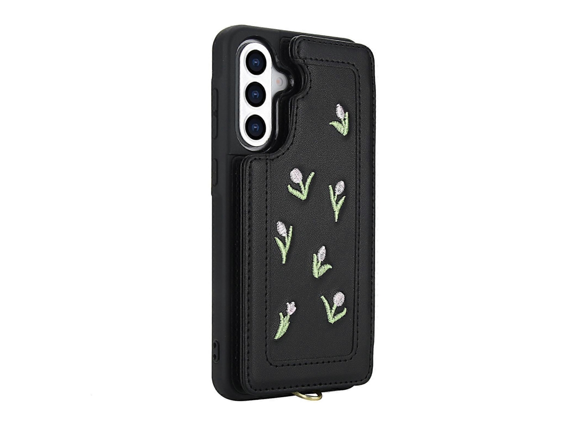 Capa Para Samsung Galaxy S24 Fe Com Estampa De Tulipas Bordadas, Couro Sintético, Porta-cartões, Capa Traseira Com Alça De Ombro E Pulseira Preta