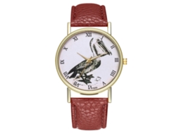 Reloj De Cuarzo Para Mujer Zhoulianfa Con Correa De Cuero Pu Y Dial Redondo Con Patrón De Pájaro Café