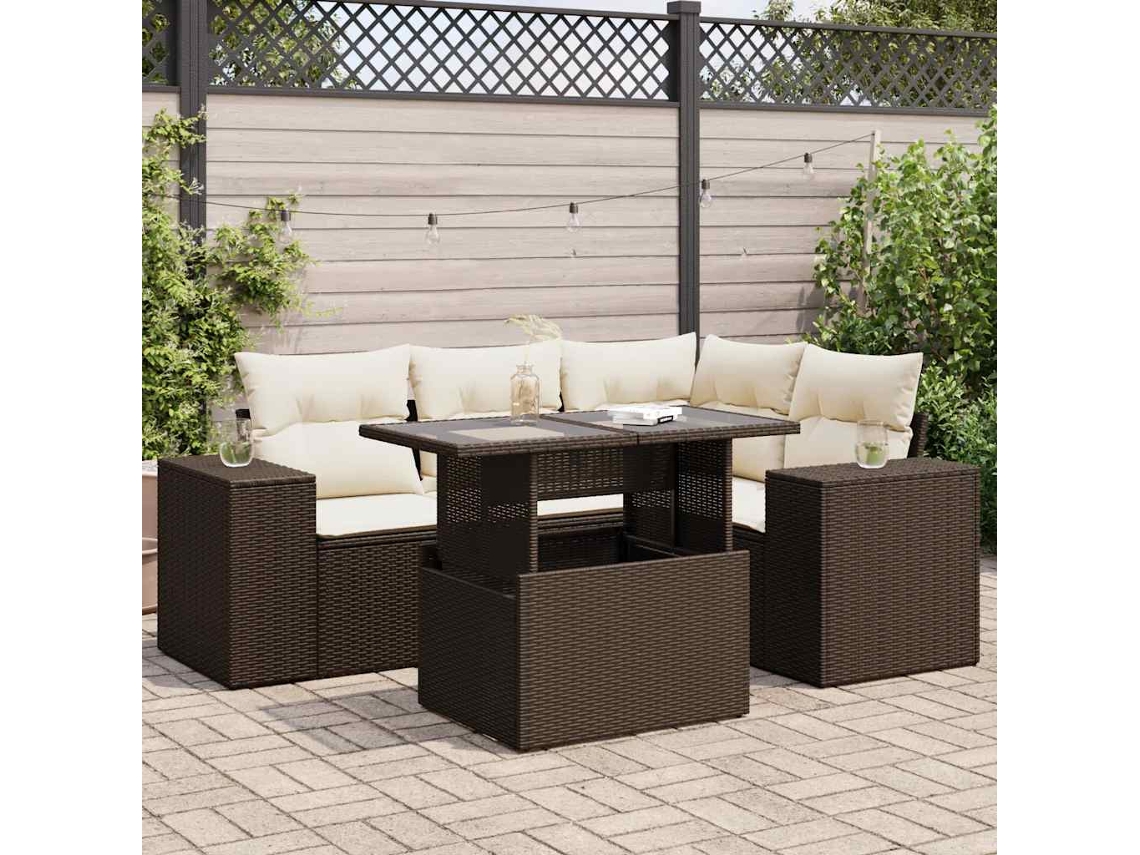 Vidaxl 5 Pcs Conjunto Sofás P/ Jardim C/ Almofadões Vime Pe Castanho