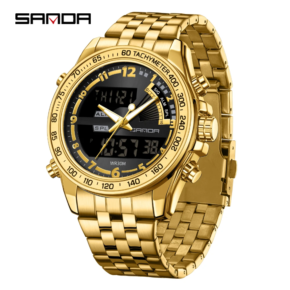 Relógio eletrônico masculino de luxo (dourado) com cronômetro multifuncional, à prova d'água e com display duplo de LED.