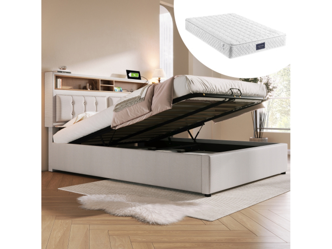 Cama Casal, Amplo Espaço de Armazenamento, Design Jovem, Robusta, Durável, Design Prático, Fácil Montagem, Colchão Não Incluso