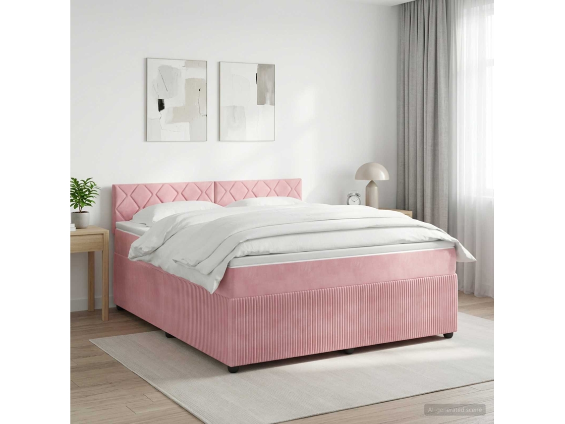 Vidaxl Cama Box Spring Com Colchão Rosa 160 X 200 Cm Veludo