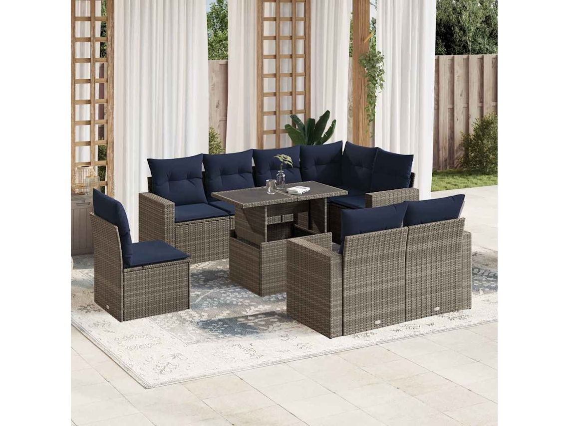 Vidaxl Conjunto De Sofá De Jardim De 9 Peças Com Almofadas Em Rattan Sintético Cinza
