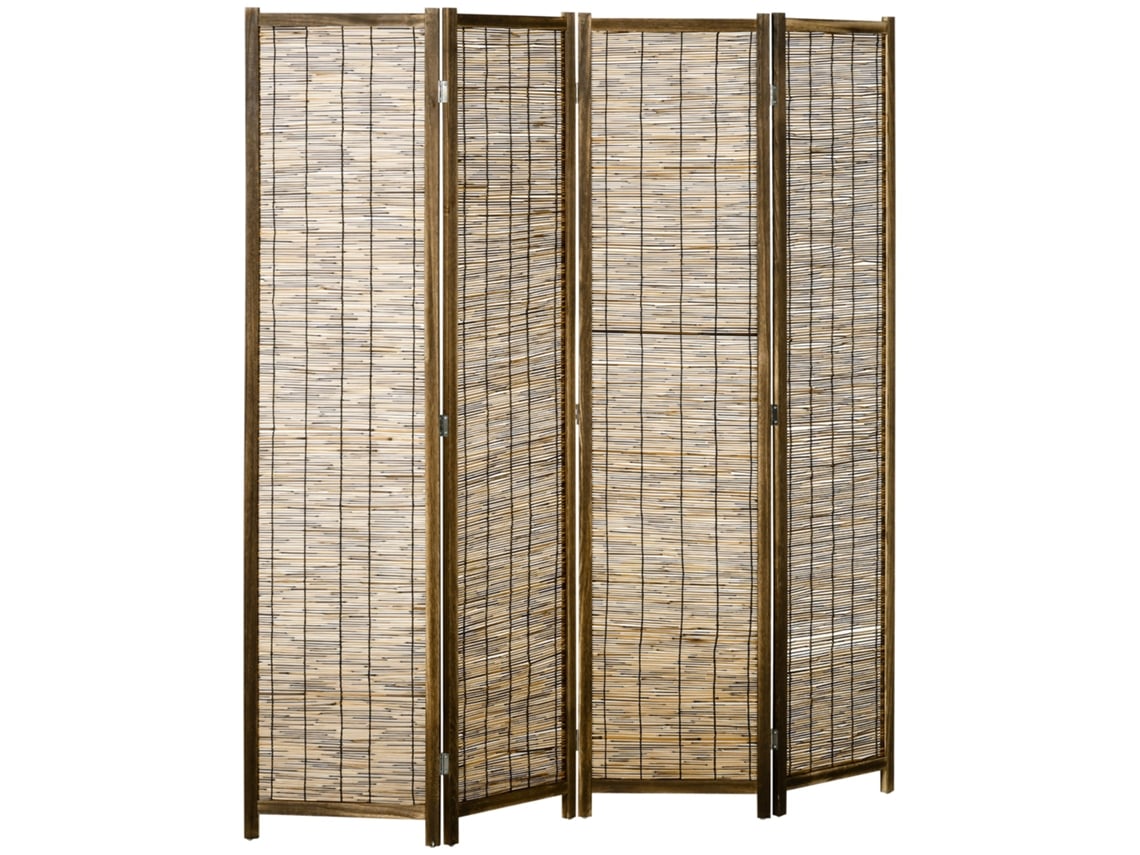 Biombo Madeira Paulownia e Caniço Cor Madeira Carbonizada e Marrom 160x1,8x170 cm Homcom