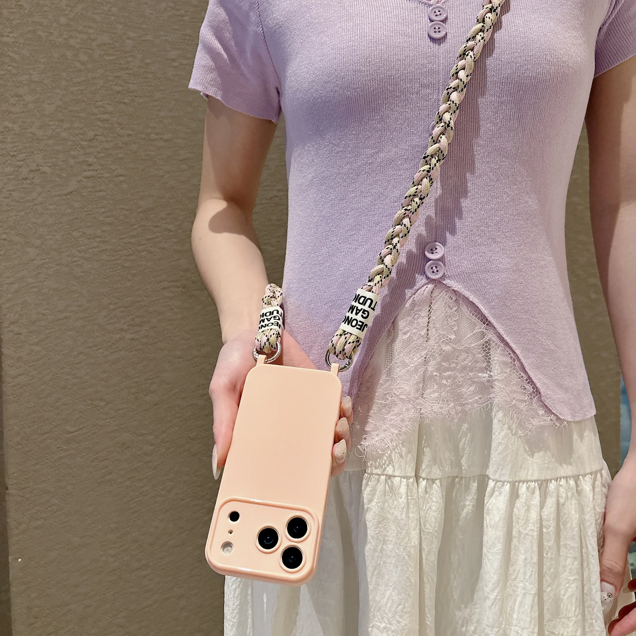 Capa Para Celular Com Alça Transversal Trançada (iphone 14 Pro Max Rosa), Capa Protetora De Silicone Macio.
