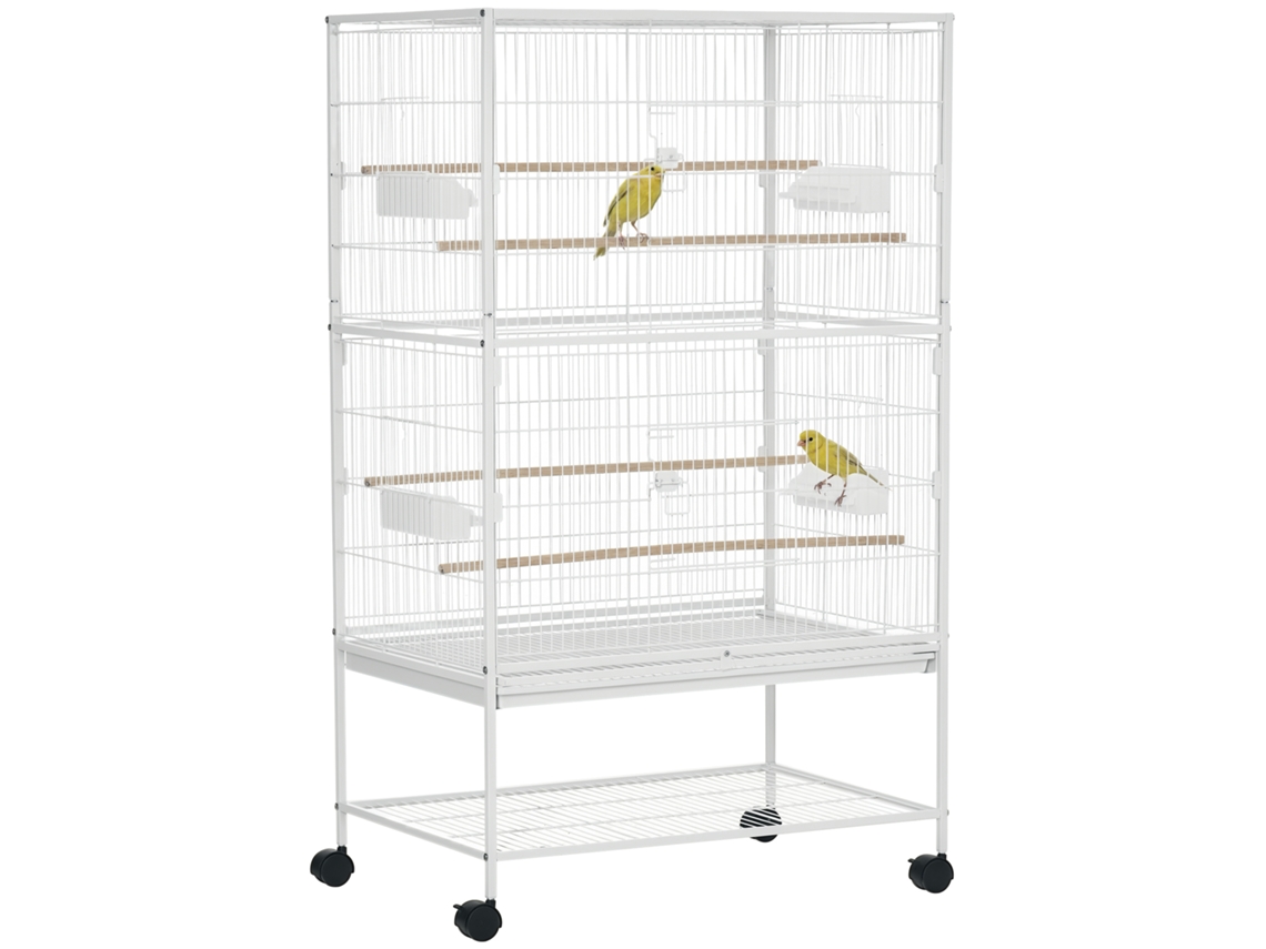 Gaiola Pássaros Rodas 4 Portas Comedouros Prateleira Armazenamento 78x52x132 Branco