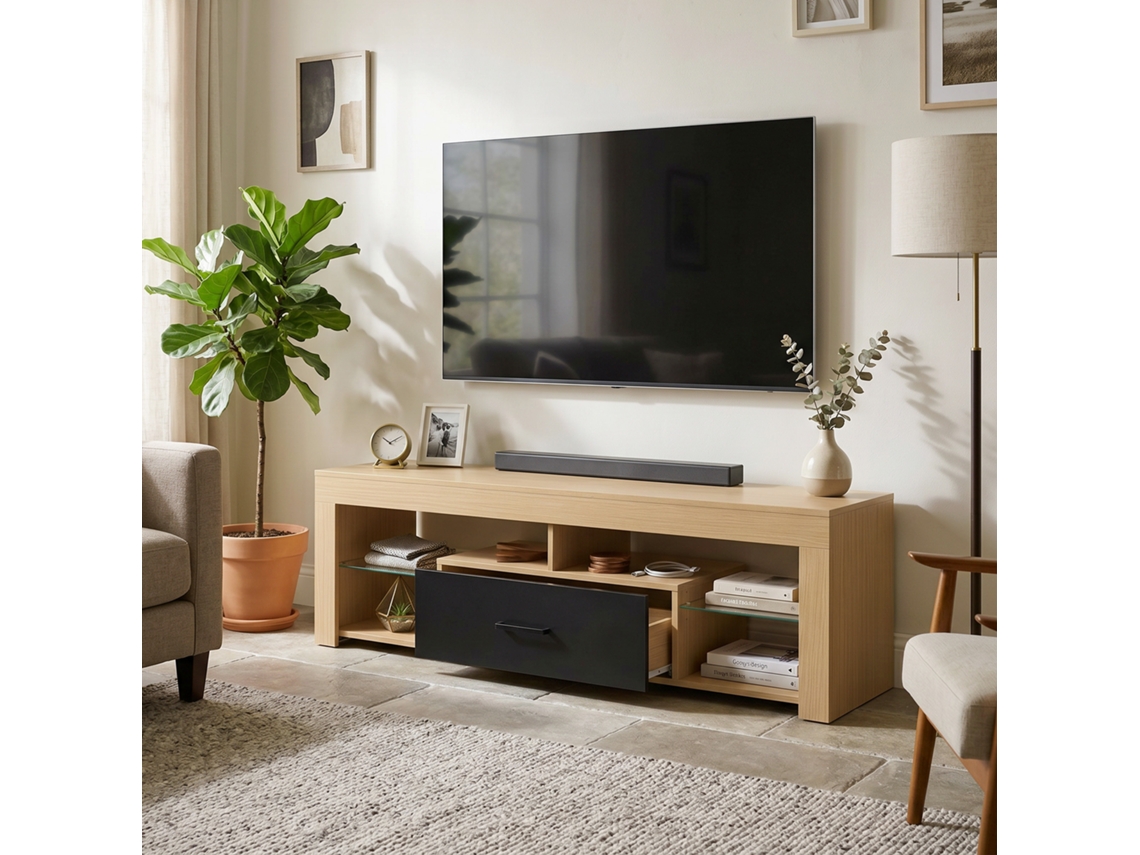Suporte Para Tv De 140 Cm, Móvel Para Tvs De 65 Polegadas Com Prateleiras De Vidro Ajustáveis, Gaveta E Compartimentos Abertos, Cor Carvalho.