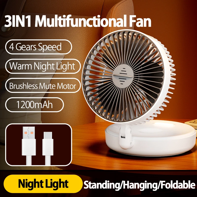 (branco, 1200 Mah) Ventilador Portátil Multifuncional Recarregável 3 Em 1 Que Dobra 90°, Possui Quatro Velocidades De Vento E Uma Suave Luz Noturna.