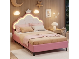 Cama Estofada Individual Infantil 90x200 Cm Design de Coroa com Iluminação Led Rgb Cabeceira de Altura Ajustável Revestida em Veludo Rosa RESETIZE