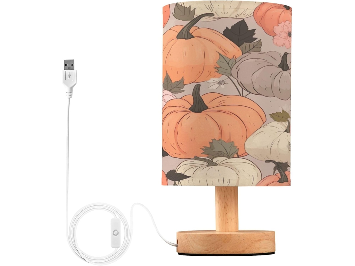 Abajur De Cabeceira Em Formato Abóbora Colorida, Com Led, Cúpula De Tecido, Base De Madeira E Porta Usb, Ideal Para
