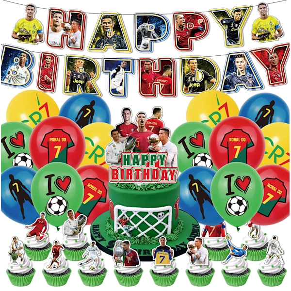 Decoração De Festa Aniversário Do Ronaldo Com Banner, Balões E Bolo.