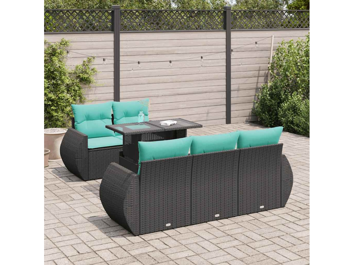 Vidaxl 6 Pcs Conjunto Sofás Jardim C/ Almofadões Vime Pe/acácia Preto