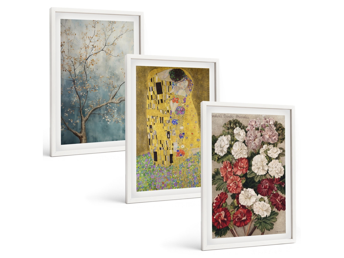 Composição De Quadros Na Parede Flores, Árvores, Pintura, Klimt Moldura Branca Quadros Para A Sala De Estar Espelharte (3 Piezas De 40x60 Cm)