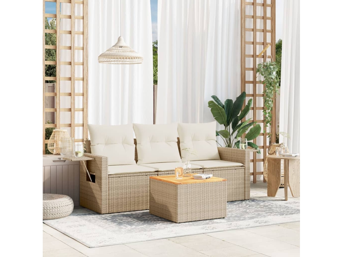 Vidaxl 4 Pcs Conjunto De Sofás Para Jardim C/ Almofadões Vime Pe Bege