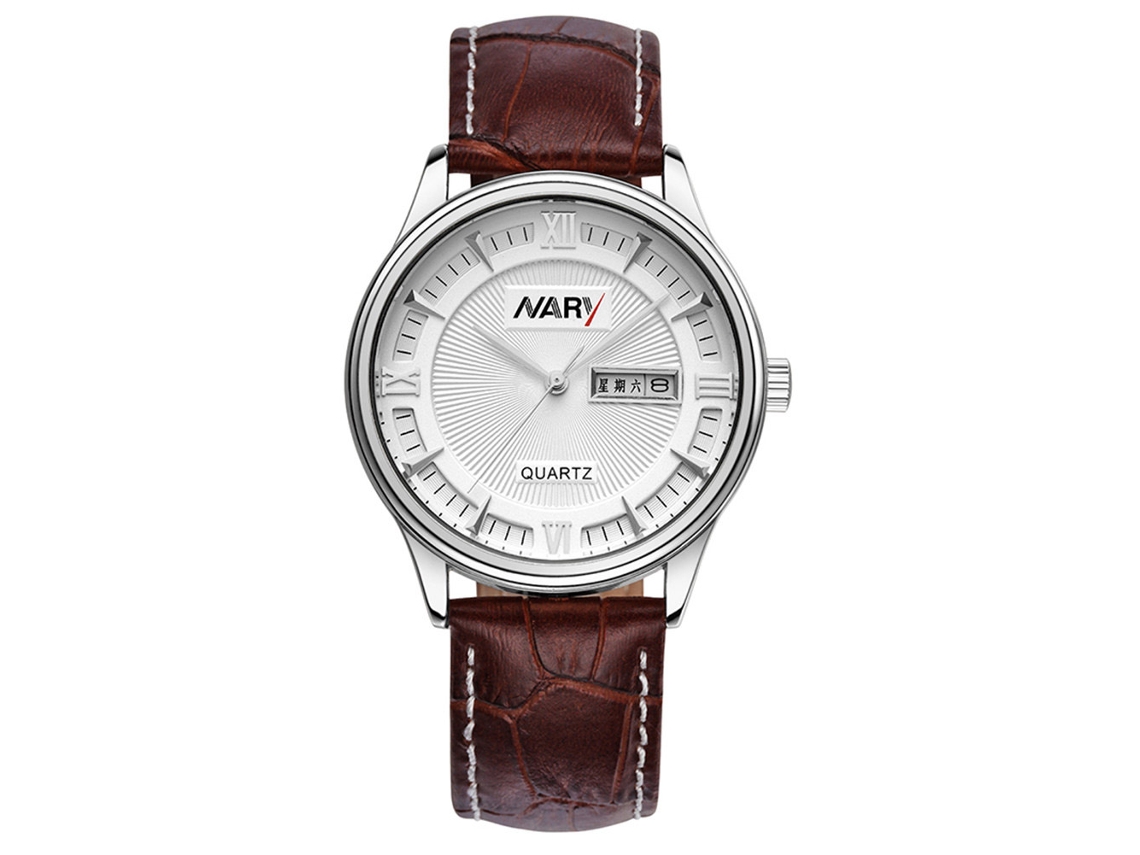 Relógio de pulso masculino Nary com mostrador de calendário, pulseira de couro, modelo 02