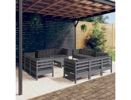 Conjunto de Relax com 13 Peças com Almofadas (63,5 x 63,5 x 62,5 - Madeira - Cinzento)