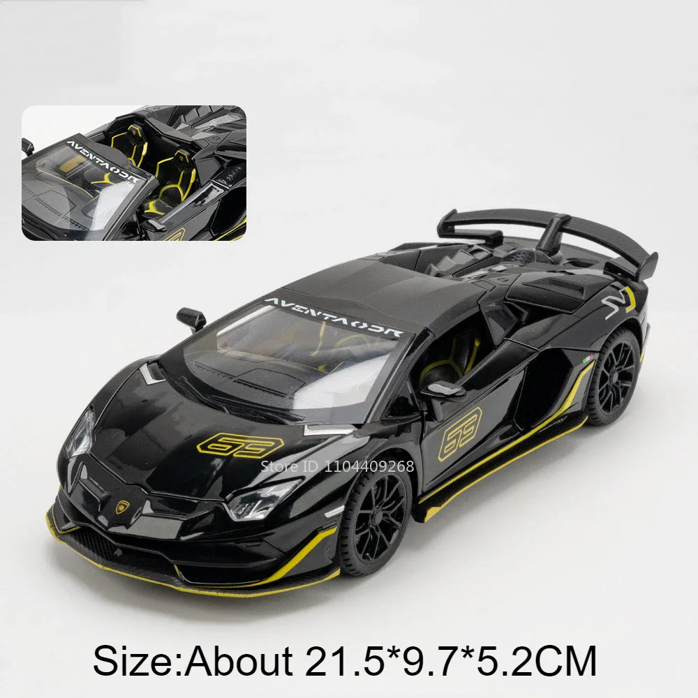 (svj63 Preto) 1:24 - Efeitos De Som E Luz - Carroceria Em Liga Metálica - Pneus De Borracha - Miniatura De Supercarro - Ornamento