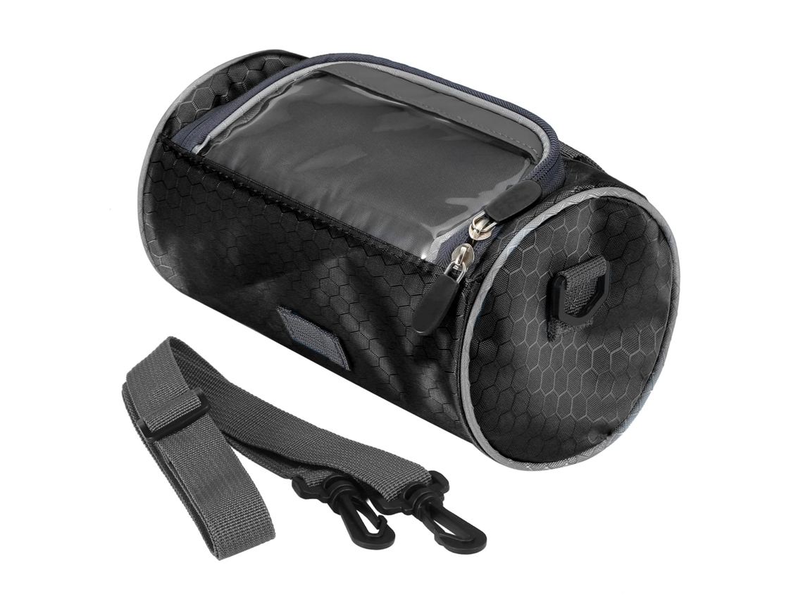 Bolsa Ciclismo Montada No Guiador Armazenamento Cilíndrica C/ Alça Ombro P/ Telefone Preta