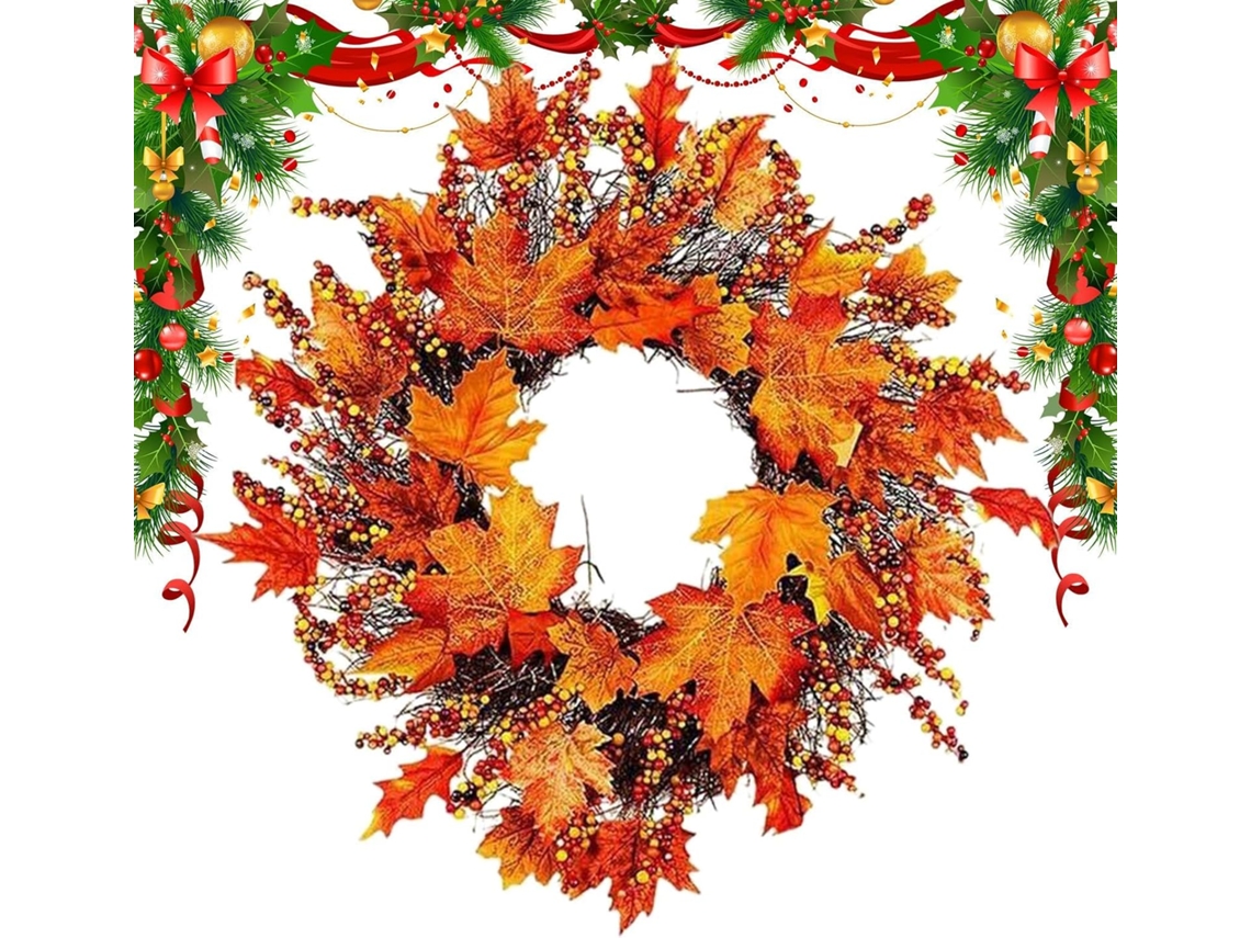 Guirlanda de Outono para Porta Artificial 45cm Folhas Bordo e Frutos Silvestres Decora o Lareira Casa Campo Janela VAYOTOY
