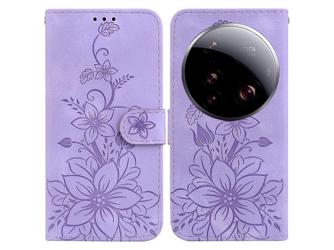 Capa De Couro Com Estampa De Flor De Lírio E Suporte Para Xiaomi 15 Ultra, Roxa