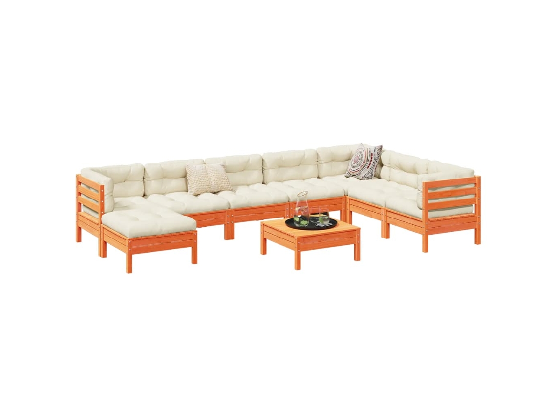 Conjunto 9pcs Sofás Jardim C/ Almofadões Pinho Maciço Castanho Mel Dkd Home Decor