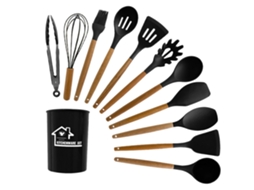 Conjunto De Utensílios De Cozinha De Silicone Antiaderente Com 12 Peças Preto Yunzii