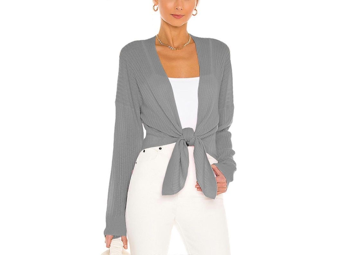Cardigan Cropped Feminino Com Laço Frente Manga Longa Leve Para Trabalho E Festas Cinza