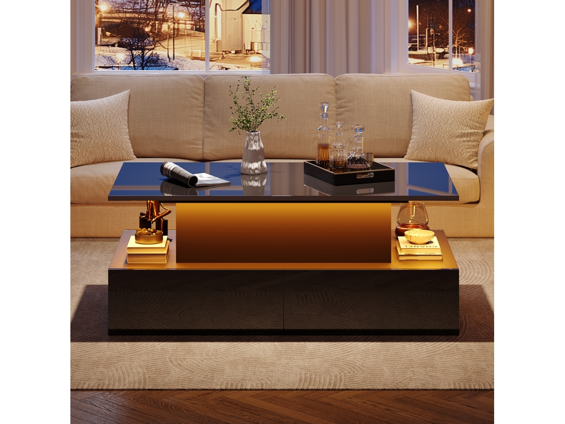 Mesa De Café Moderna Preta Com Led E 4 Gavetas 90x55x41cm Espaço De Armazenamento Até 30 Kg Mesa Lateral Elegante Mega Echo Trade Shop