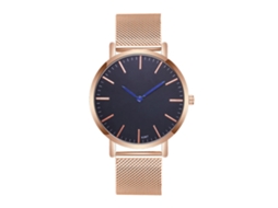 Relógio de pulso masculino com pulseira de malha de aço inoxidável, mostrador redondo, movimento de quartzo, cor ouro rosa com ponteiros azuis.