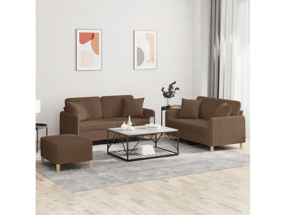 Vidaxl 3 Pcs Conjunto De Sofás Com Almofadas Tecido Castanho